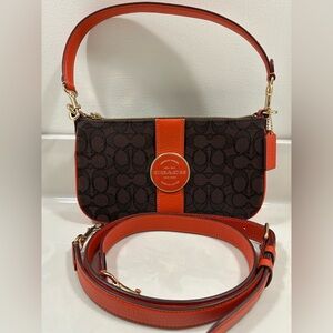 EUC Coach Lonnie Baguette with short & long straps, brown Signature Jacquard